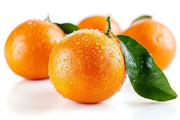 Fresh Mandarins with Water Droplets, Green Leaves on a White Surface Closeup View
