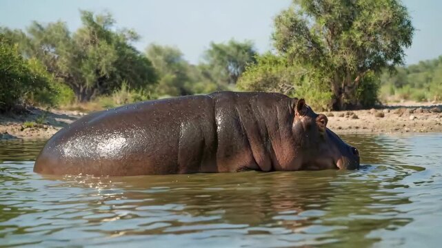 there is a hippo in the water with its head above the water