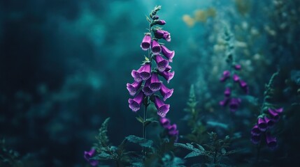 Obraz premium Purple flowers in a teal twilight garden