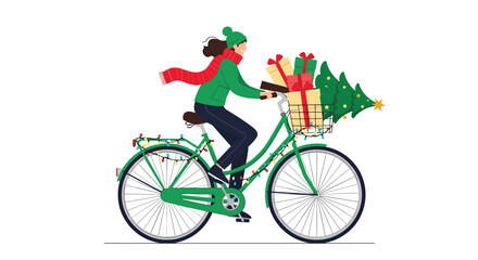 A festive person in winter clothes rides a green bicycle decorated with Christmas lights, carrying a tree and gifts for holiday celebration.