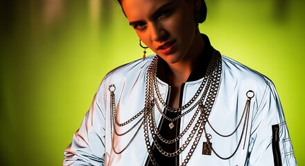 Stylish young person in a reflective, metallic silver bomber jacket and layered chains, against a vibrant lime-green background. Modern urban fashion, streetwear, music, and youth culture concept.