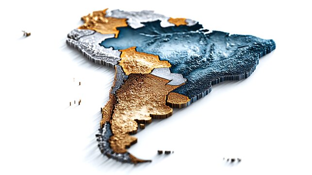Golden South America Map on White Backdrop Detailed Textured 3D Rendered Continents
