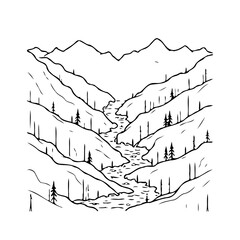 Serene mountain landscape unfolds with winding river and sparse trees in minimalist illustration