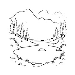 Serene mountain landscape with lake and forest illustration providing a tranquil escape into
