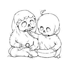 Spooky season adorable baby skeletons sharing candy in black and white halloween illustration