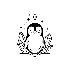 Obraz premium A charming penguin illustration surrounded by sparkling crystals and magical embellishments design