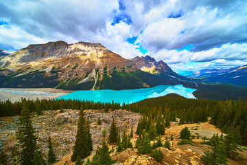 Peyto Lake Turquoise Water with Mountain Peaks and Dense Forest in Banff Canada