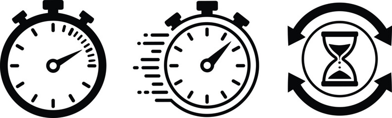 Time icon set, stopwatch and hourglass vector illustration, black and white design, speed and cycle symbol pack, productivity and efficiency graphics