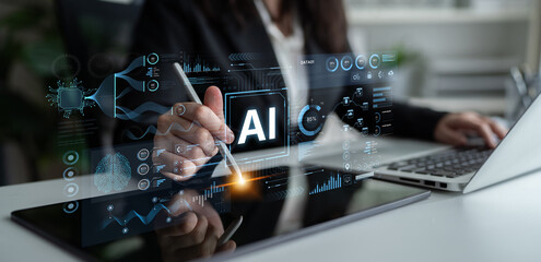 A futuristic AI dashboard for business intelligence. This platform showcases advanced data analytics, processing complex information into visual charts and graphs for strategic insights. Fermion