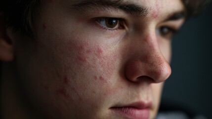 Obraz premium Close-up of a Young Man With Acne Reflecting Deep Thoughts in a Serene Indoor Setting During Daylight Hours