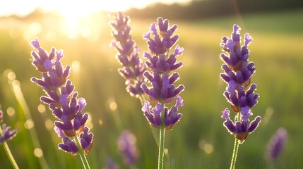 A close-up of dew-covered lavender blooming in early morning sunlight, soft purple hues blending with green stems, captured in a serene meadow setting 
