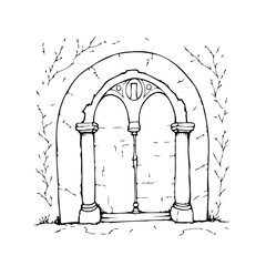 Whimsical archway illustration showcasing aged stonework and foliage in a drawing creating an