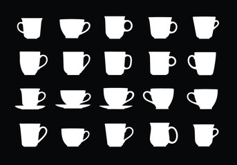 Vector collection of coffee cup icons, diverse mug shapes and styles, black silhouette set on white background, graphic design, digital illustration, flat view