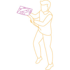 Man Holding a Purple Device with Orange Outline Silhouette Standing Against a Transparent Background with Neon Glow Effects