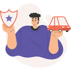 Man Holding A Red Car And A Shield With A Blue Star In The Middle On A Transparent Background With Light Purple And Beige Shapes