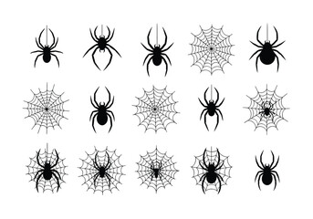 Vector Spider Icons Collection, Diverse Spider Silhouettes and Webs, Graphic Design Elements, Digital Illustration, Isolated on White Background