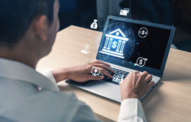 Concept of digital banking and global financial services. A network of secure online transactions, currency exchange, and money management for the international economy. Fermion