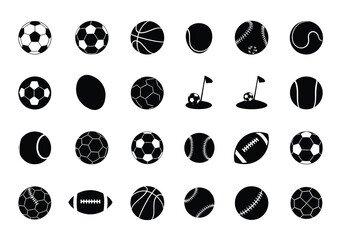 Vector illustration of various sports balls including soccer, basketball, baseball, tennis, and football icons in a seamless graphic design set