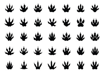 Vector collection of diverse animal paw prints arranged in rows, graphic design, plain white background, top-down view, creative vector concept