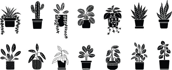 Potted plant silhouette set, botanical vector illustration, black and white design, indoor foliage decor, hanging and upright leaf shape pack © Its Marjia's World