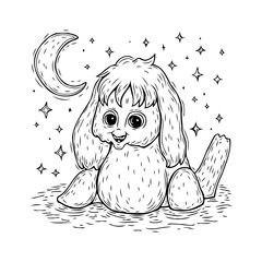 Whimsical creature illustration beneath a starlit night sky with a crescent moon and a fluffy