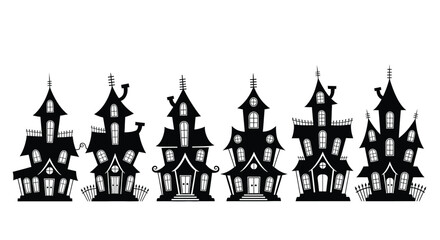 Vector illustration of spooky haunted houses in a Halloween night setting with eerie silhouettes and creepy architecture in black and white design
