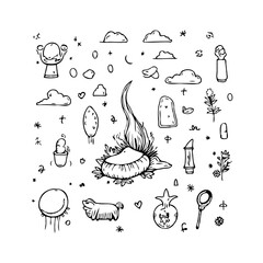 Whimsical doodle collection a captivating black and white illustration with diverse charming