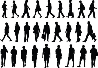Silhouette people walking and standing set, black human figure collection, posture and clothing variations, urban motion icons, vector design