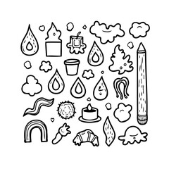 Whimsical doodles creating a playful artistic sketch on white background featuring diverse objects
