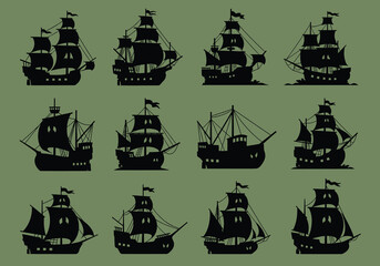 Vector silhouette of historic sailing ships set against transparent background, showcasing classic maritime transport from multiple angles in black graphic design
