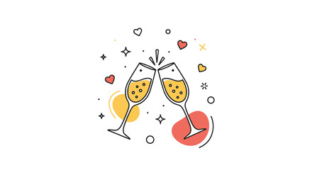 Two champagne glasses clinking in a cheerful toast, surrounded by festive hearts and sparkling elements, embodying celebration and happiness.