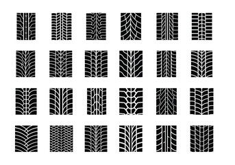 Vector Tire Tread Patterns Collection, Automotive Design Elements, Black and White Illustration Set, Top View, Graphic Design and Transport Concept