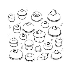 Whimsical hand drawn assorted dessert illustration evokes cheerful simple sweet treat celebration