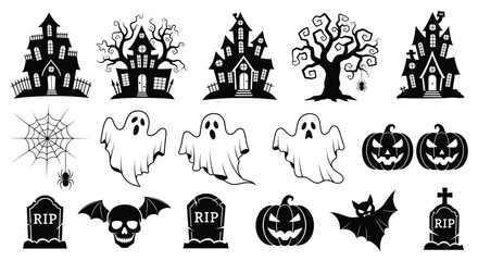 Vector Halloween spooky haunted houses ghosts pumpkins bats tombstones spider webs isolated black silhouettes for festive horror graphic design