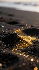 Golden glittering sand on a beach at sunset with shallow depth of field