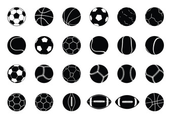 Vector sports balls icons set, various types of balls, isolated on white background, graphic illustration, flat design, top view, sports equipment concept