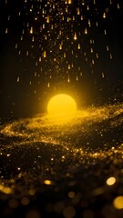 Golden particles falling over a glowing orb on a sparkling surface
