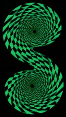 Abstract green and black spiral pattern with checkerboard design forming an S-shape