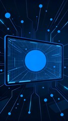 Digital circuitry with a central blue circular display on a dark background, featuring glowing lines and nodes.