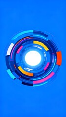 Abstract digital interface with concentric colored rings and glowing center on blue background