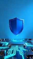 A glowing blue shield hovers above a detailed circuit board, symbolizing digital security and cybersecurity protection.