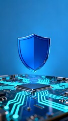 A glowing blue shield hovers above a detailed circuit board, symbolizing digital security and cybersecurity protection.