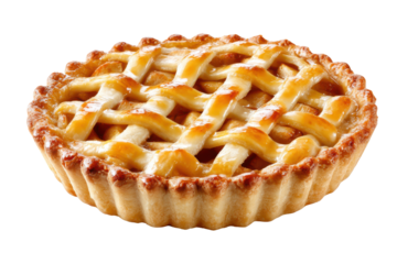 Golden brown lattice top apple pie with flaky crust on black dessert pastry, Isolated On Transparent Background, Png Cut Out
