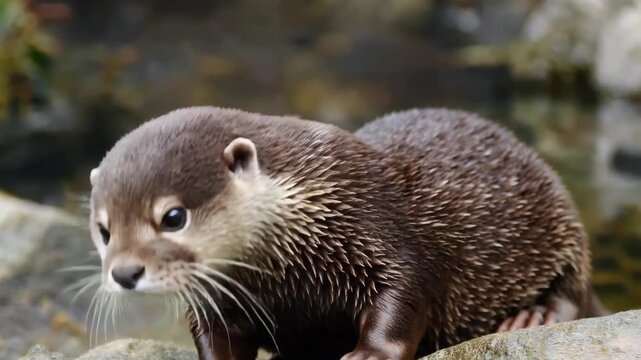 otter with eyes closed sitting on a rock in the water
