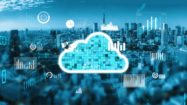 Futuristic digital cloud overlays a bustling city skyline, illustrating data visualization with various graphs and charts for technology and innovation themes. Xenic