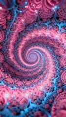 Abstract fractal spiral pattern with vibrant pink and blue hues, intricate repeating structures forming a mesmerizing vortex.