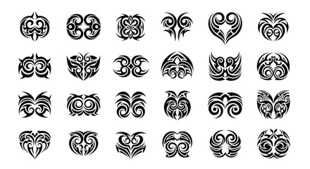 Vector tribal tattoo designs, various intricate patterns, graphic symbols, black ink illustrations, isolated on white background, top view, ornamental concept