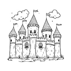 Whimsical kingdom illustration with turrets against cloudy backdrop perfect for storybooks and
