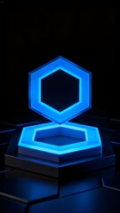 Glowing blue hexagonal structure with illuminated outline on a dark surface
