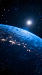 Earth viewed from space at night, illuminated by city lights and the sun in the background